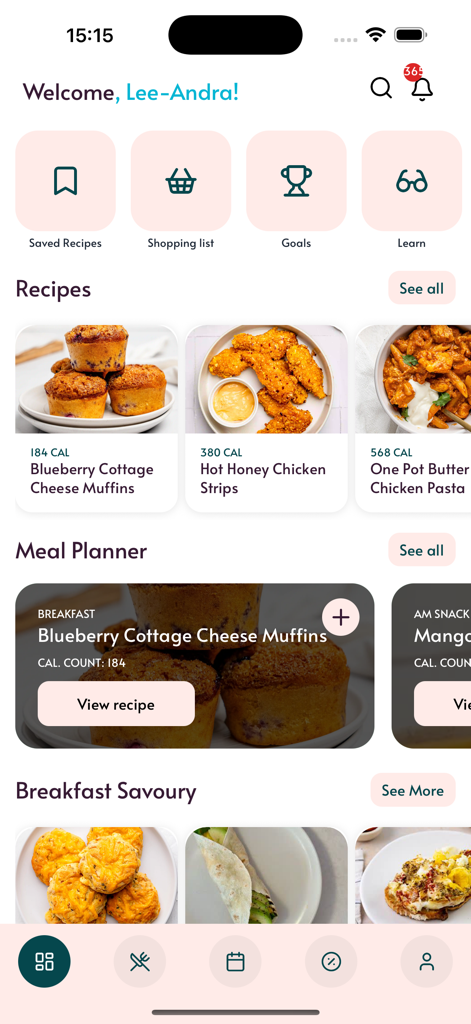 Health-e Simplified app home screen with meal planning and healthy recipe options