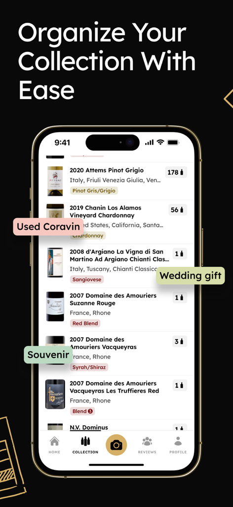 InVintory: Wine Bottle Tracker - InVintoryアプリのインターフェースに、結婚祝いや土産物などのカスタムタグが付いた整理されたワインコレクションリストが表示