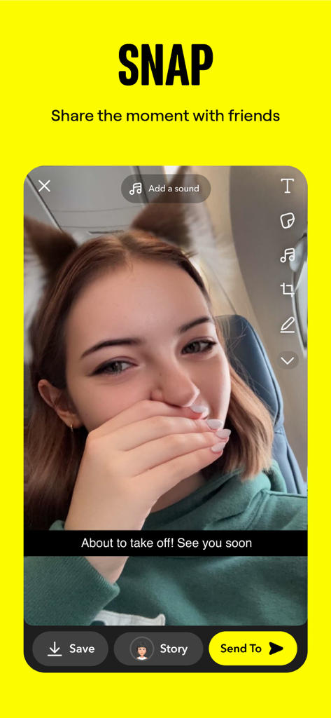 Snapchat camera interface showing a selfie with an AR lens filter and caption
