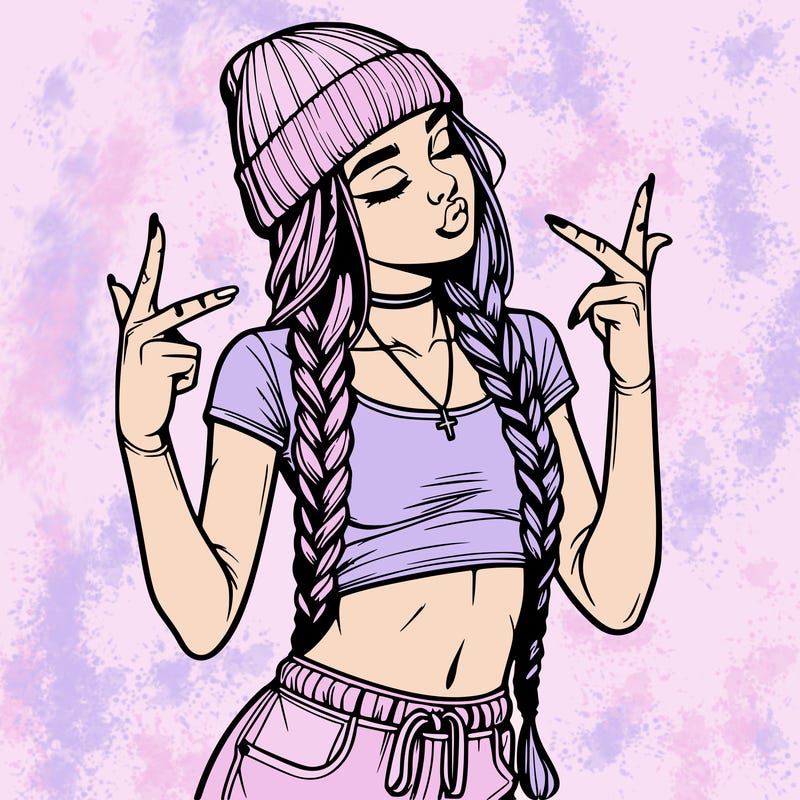 realistic teenage girl with braids and a beanie and crop top doing 🫶🏼