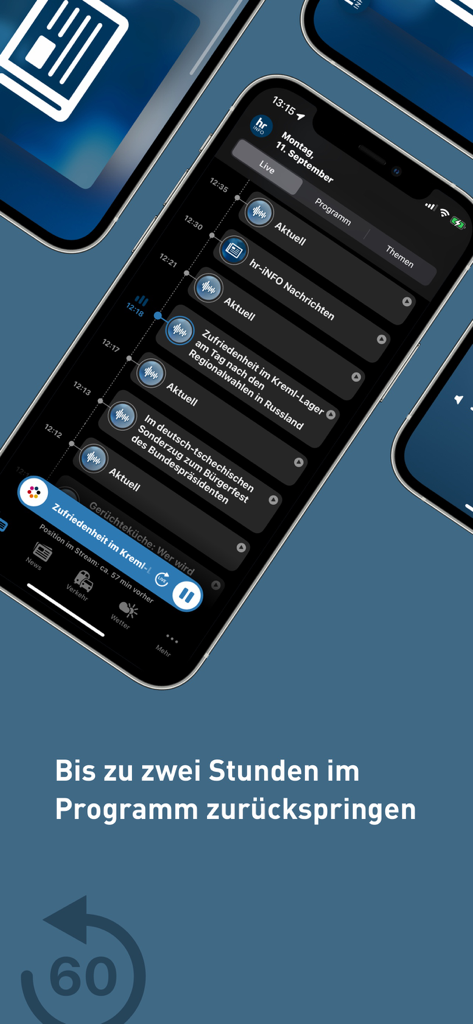 hr-iNFO App - User interface of hr-iNFO app showing radio timeline and rewind options
