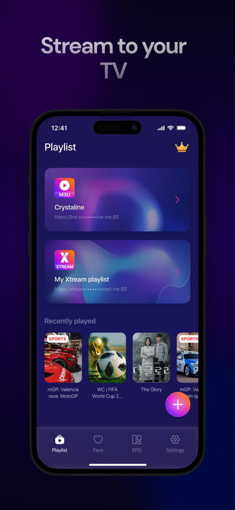 IPTV Smarters Player PRO - Pantalla de la aplicación IPTV Smarters Player PRO que muestra listas de reproducción M3U y Xtream con contenido de deportes y películas reproducido recientemente