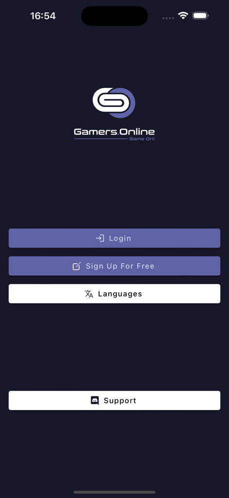 Gamers.Online: LFG & Friends - Anmelde- und Registrierungsbildschirm der Gamers.Online-App mit Optionen zur Anmeldung, kostenlosen Registrierung, Sprachwechsel und zum Zugriff auf Support über Discord.