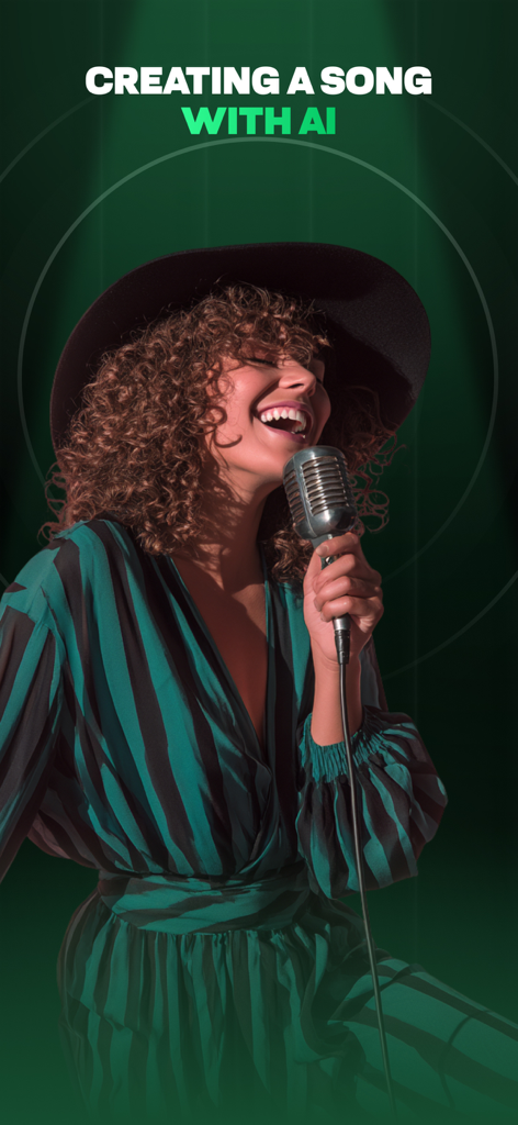 SongSnap: AI Music Maker - A woman with curly hair singing into a vintage microphone with text saying Creating a song with AI