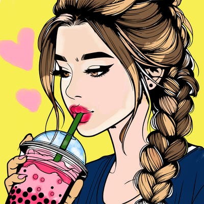 realistic girl drinking boba tea with braided hair