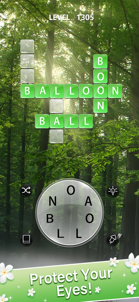 Schermata del gioco di collegamento parole con sfondo di foresta verde e un messaggio sulla protezione degli occhi.