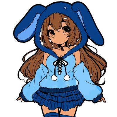 pretty anime girl wearing a fluffy hoodie with bunny ears on the hood and a skirt