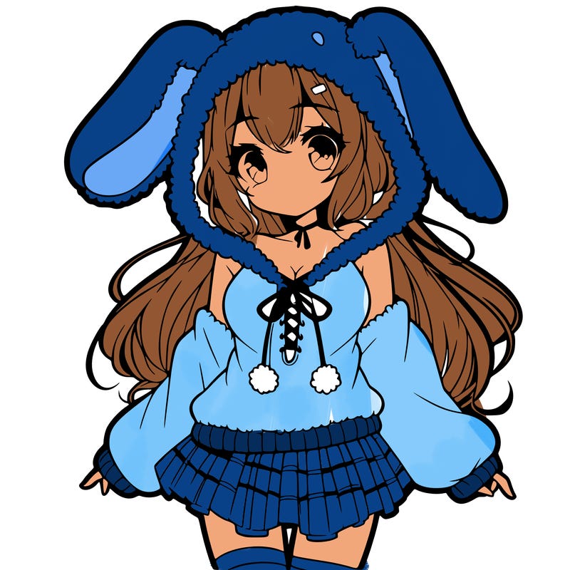 pretty anime girl wearing a fluffy hoodie with bunny ears on the hood and a skirt
