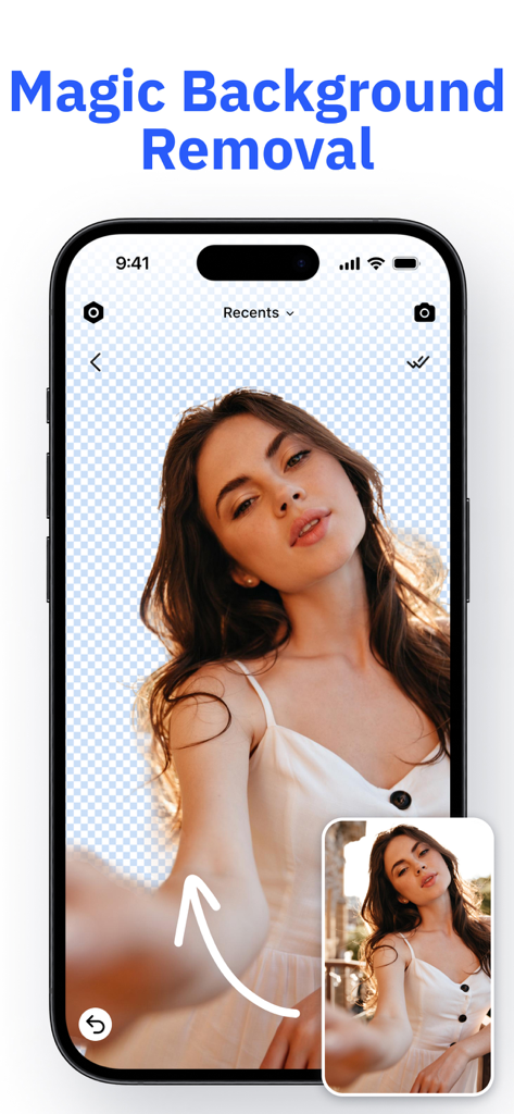 AI Background Remover & Eraser - iPhone-Bildschirm, der ein Porträt einer Frau mit sofort entferntem Hintergrund mit der KI-Hintergrundentferner-App zeigt.