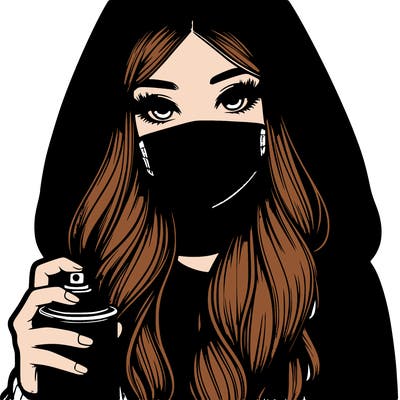 girl wearing a mask with long hair with her hood up spray-painting realistic