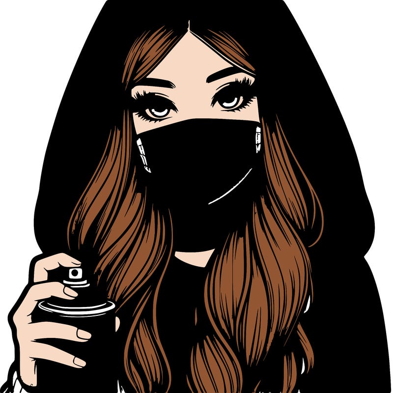 girl wearing a mask with long hair with her hood up spray-painting realistic