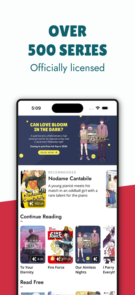 Omoi: Manga Reader - Interface do aplicativo Omoi Manga Reader mostrando títulos de mangá recomendados e uma coleção de mais de 500 séries licenciadas oficialmente.