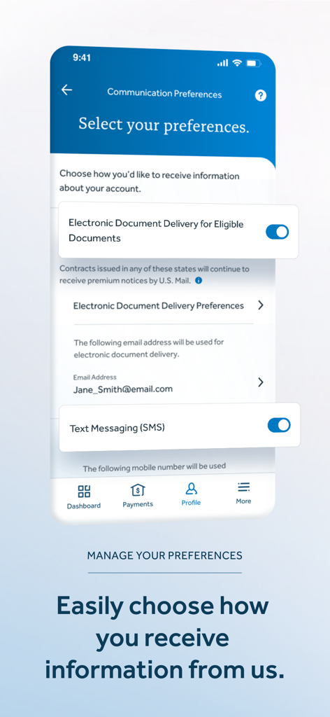 New York Life app interface showing communication preferences for electronic document delivery and text messaging