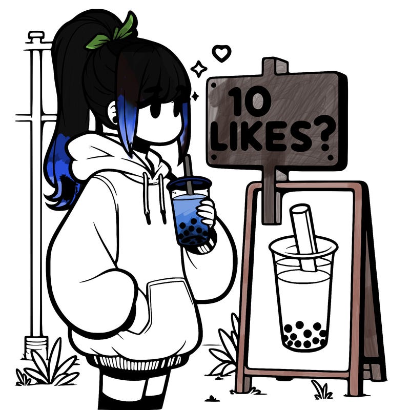 girl with oversized hoodie drinking boba and she has a high ponytail with a sign that says 10likes?