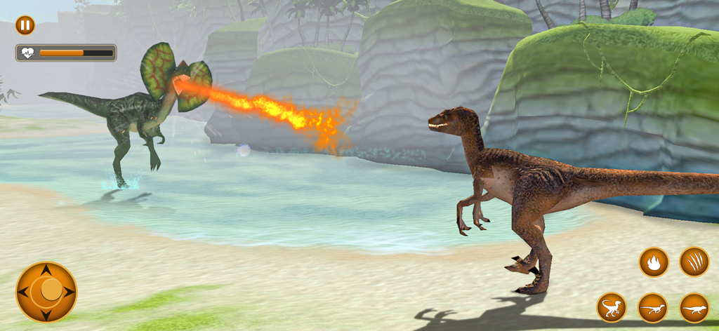 Jurrassic Dinosaur Games - Un dinosaurio que escupe fuego luchando contra otro depredador en una playa en Jurassic Dinosaur Games