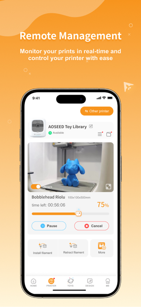 XMAKER - Interfaz de la app XMAKER para la gestión remota de impresoras 3D que muestra el progreso de impresión en vivo y la vista de la cámara