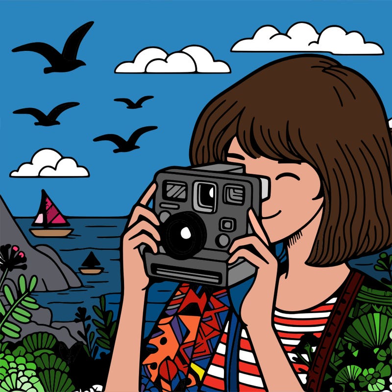 girl taking photos with a polaroid camera