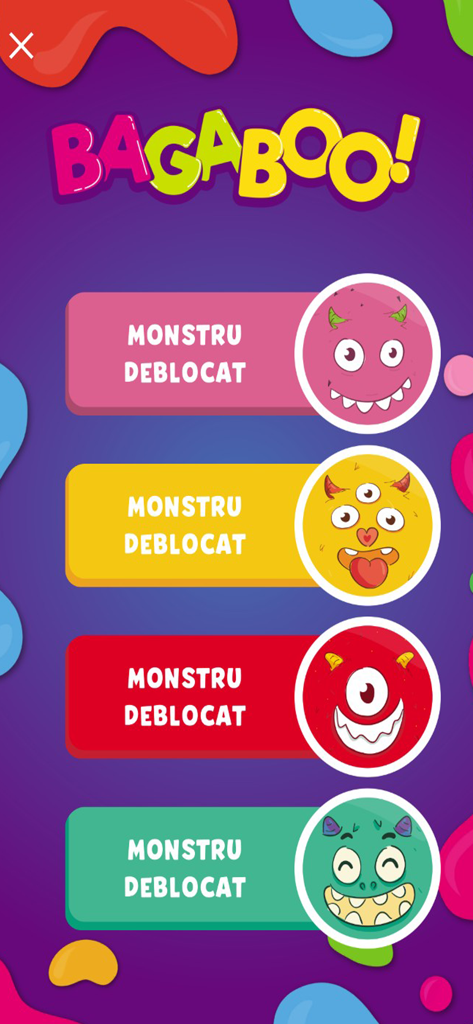 BAGABOO app interface showing four unlocked monster characters in a list