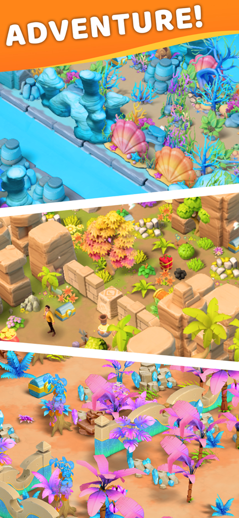 アイランドファームアドベンチャーで、サンゴ礁や熱帯の遺跡など、さまざまなカラフルな島の環境を紹介する様子