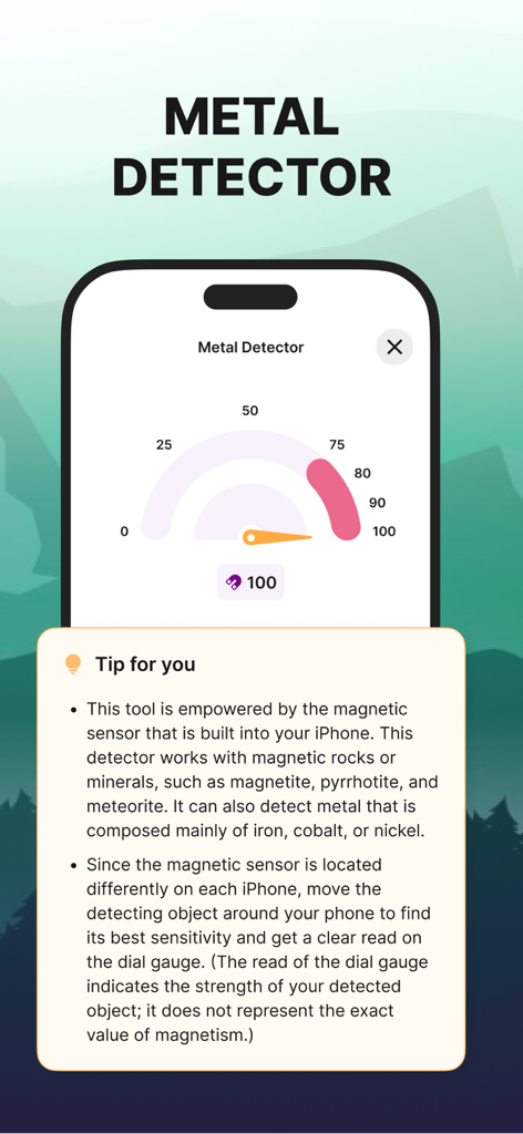 Rock Finder: Stone Identifier - Metal detector interface in the Rock Finder app with a gauge and geology tips