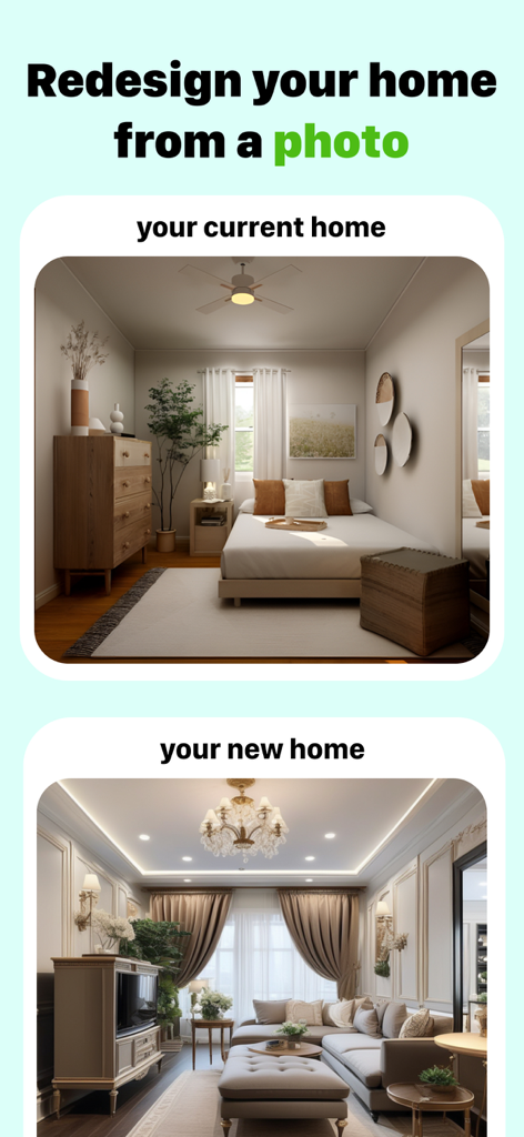 AI Kitchen Design - KitAI - AIを使用してシンプルな寝室が豪華なリビングルームに変換された、変更前と変更後の比較