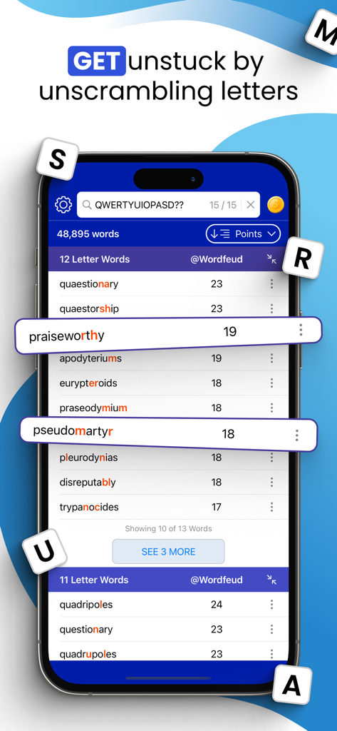 A smartphone showing the Word Unscrambler Solver app interface with a list of high scoring words found from unscrambled letters