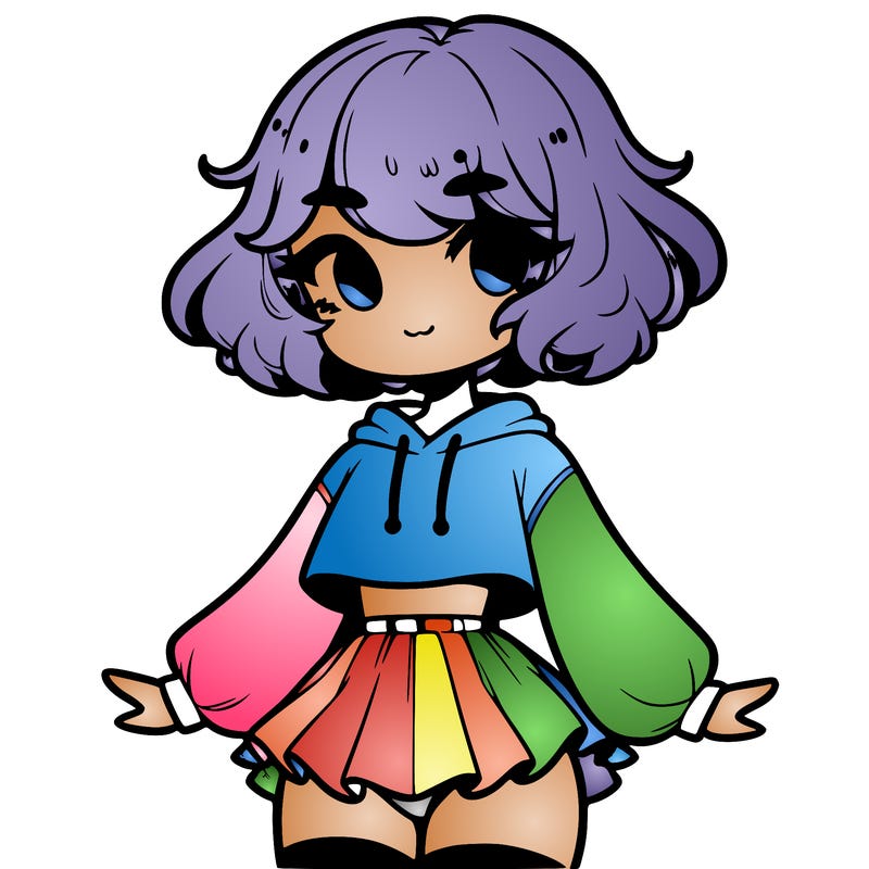 cute femboy with short, fluffy hair that softly frames their face, wearing a cropped hoodie, paired with a flouncy short skirt, and thigh-high stockings