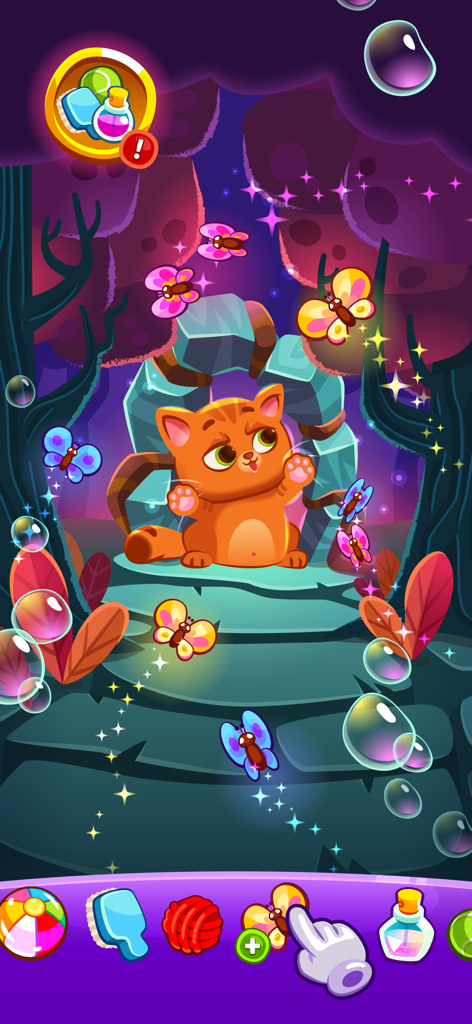Bubbu Jewels - Merge Puzzle - Bubbu il gatto in piedi in una foresta magica con farfalle colorate e icone di cura degli animali domestici
