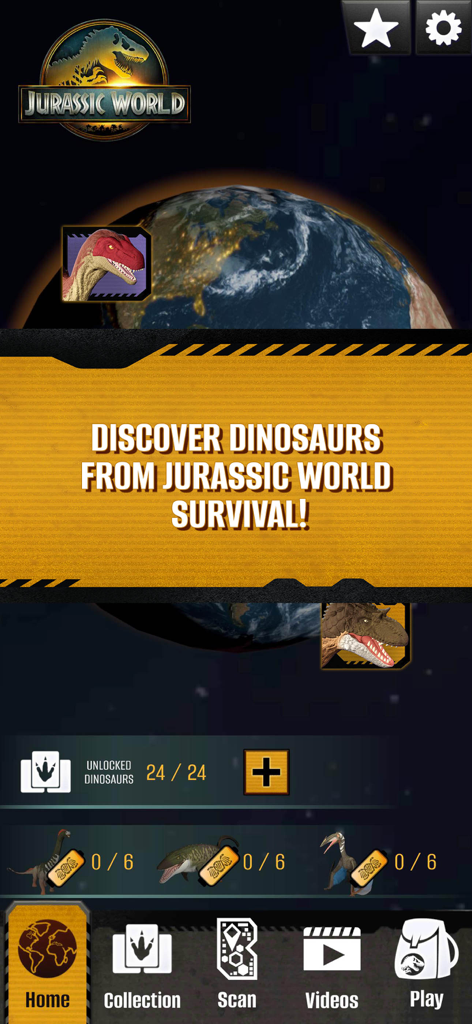 Jurassic World Play app home screen showing dinosaur collection progress and a discovery banner