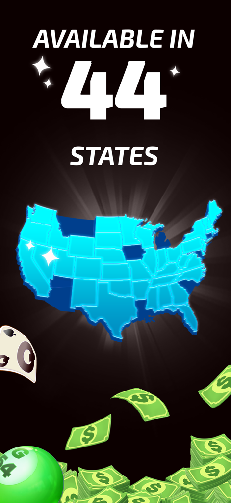 Cash Legends™: Win Real Money - Um mapa azul brilhante dos Estados Unidos destacando a disponibilidade em 44 estados para o aplicativo Cash Legends