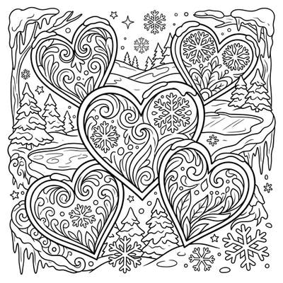 Dive into the festive spirit with this delightful coloring page featuring whimsical cartoon hearts nestled in a beautiful winter wonderland. Enjoy bringing warmth and color to a snowy landscape filled with charming details.
