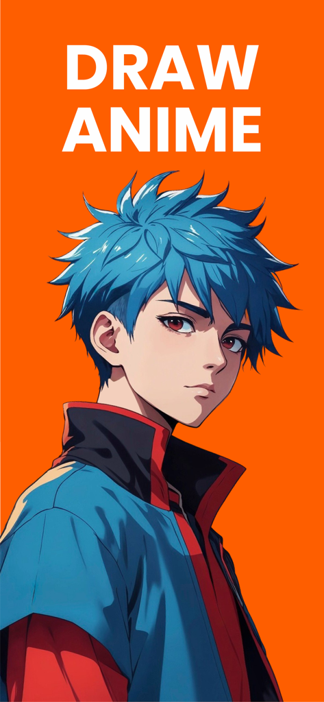 Draw Anime- Learn step by step - Anime drawing tutorial screen featuring a male character with spiky blue hair on a bright orange background