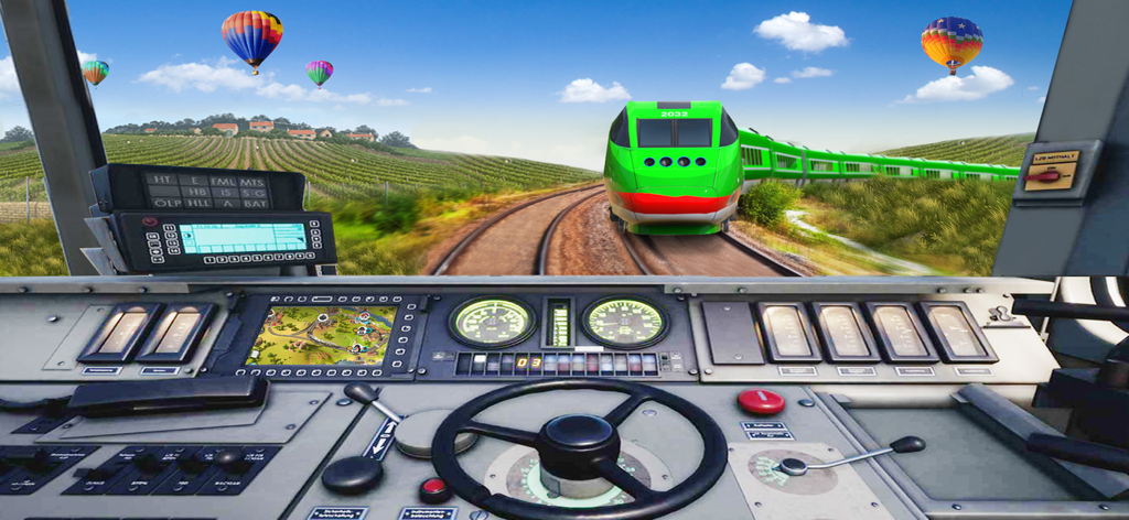City Train Driver Game 2020 - First person view of a train driver cockpit with detailed controls and an oncoming train on a countryside track