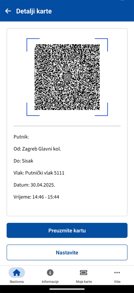 A digital train ticket inside the HŽPP app displaying a QR code and journey details from Zagreb to Sisak.