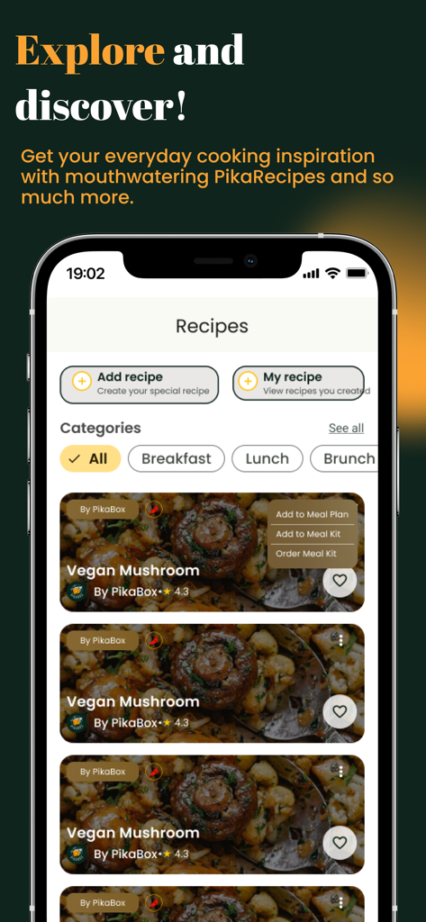 PikaBox - PikaBox app recipes interface with vegan mushroom meal options