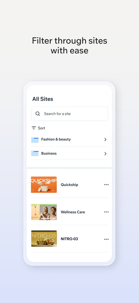 Wix Studio - Wix Studio App-Oberfläche, die den Bildschirm 'Alle Websites' mit einer Suchleiste und kategorisierten Kundenwebsites anzeigt.
