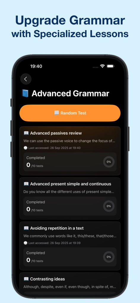 Learn English - Grammar, Vocab - Learn Englishアプリのインターフェース。高度な文法モジュールと専門的なレッスンが表示されています。