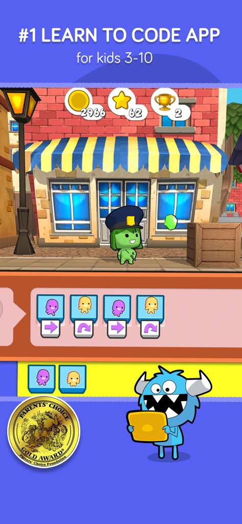 A screenshot of codeSpark showing visual coding blocks and gameplay for children with a gold award seal