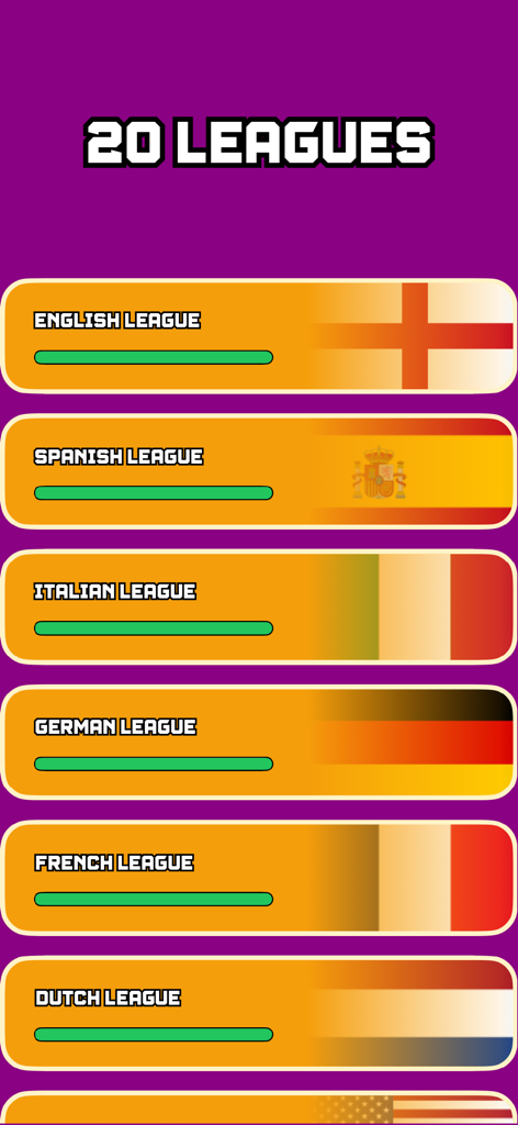 Football Quiz Guess The Player - Menübildschirm mit verschiedenen verfügbaren Fußballligen wie englischen und spanischen Ligen mit Fortschrittsbalken
