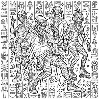 Dive into a unique coloring adventure with these trendy undead mummies, perfect for teens who love edgy and imaginative art. This dynamic page combines ancient mystery with modern street style for an unforgettable creative challenge.