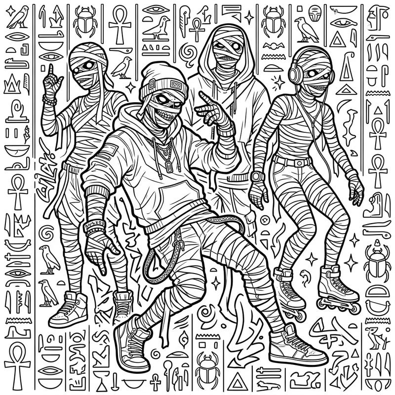 Dive into a unique coloring adventure with these trendy undead mummies, perfect for teens who love edgy and imaginative art. This dynamic page combines ancient mystery with modern street style for an unforgettable creative challenge.
