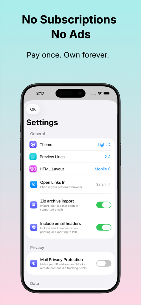 MBOX Viewer app settings screen showing various configuration options including mail privacy protection and a one-time purchase message.