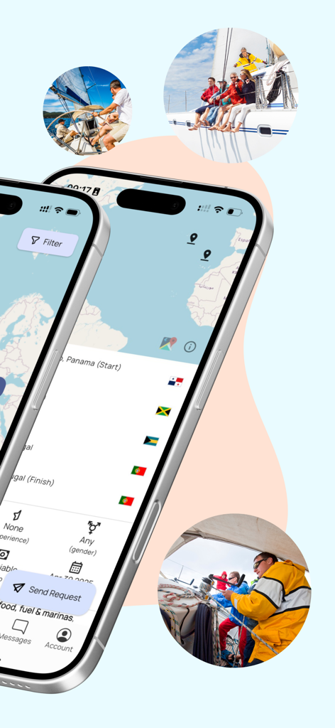 Deux smartphones affichant la carte de l'application Yacht Cabin et des annonces de voyages de voile avec des photos de personnes sur un bateau