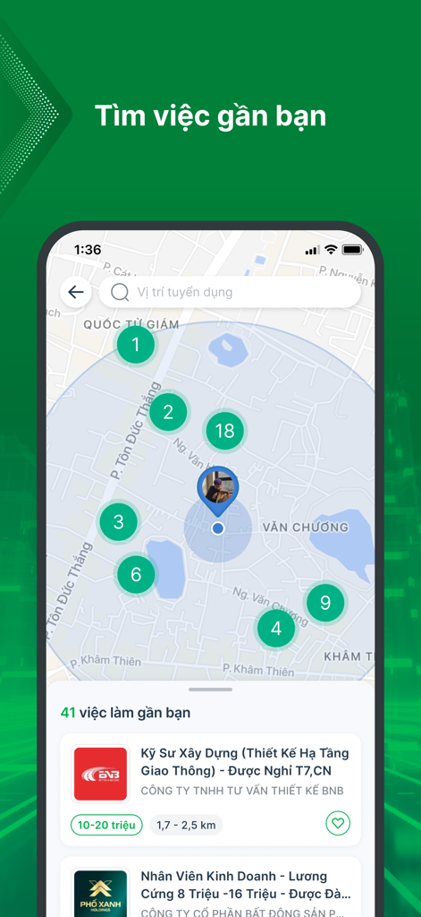 TopCV - Tìm Việc làm phù hợp - TopCV app interface featuring a map view with job clusters and a list of nearby job openings