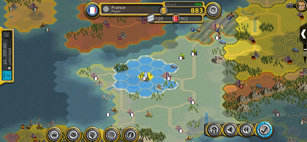 Demise of Nations - Grand strategy gameplay in Demise of Nations showing a hex map and player resources.