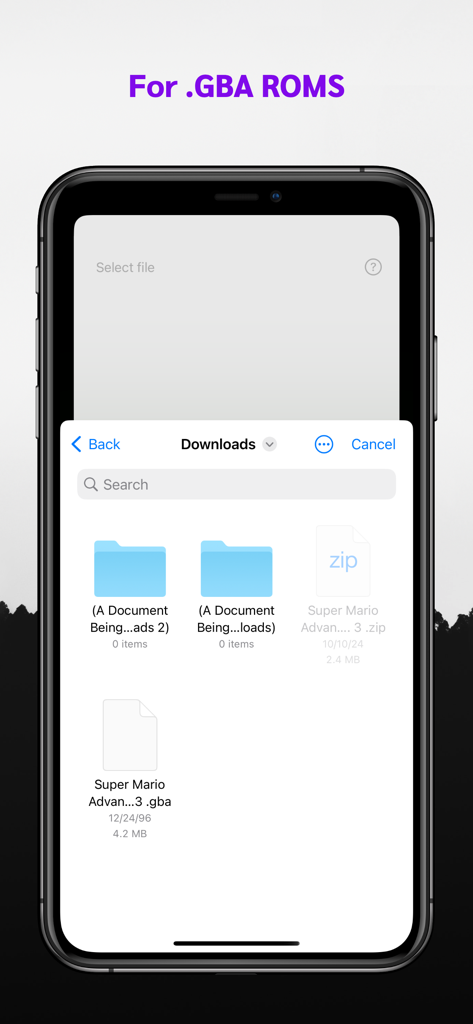 Tela do iPhone mostrando um menu de seleção de arquivos no aplicativo emulador de ROM GBA com uma lista de arquivos de jogo para download