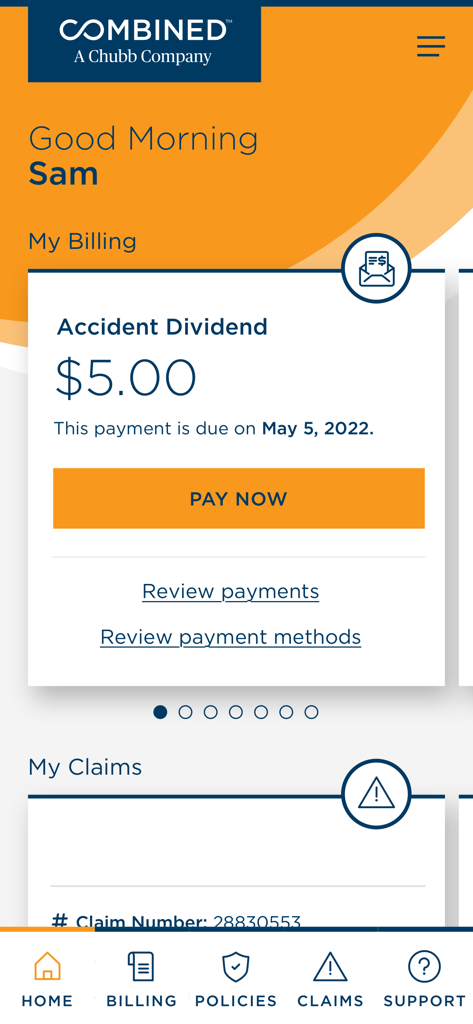 Painel do aplicativo MyCombined mostrando informações de faturamento e um botão de pagamento
