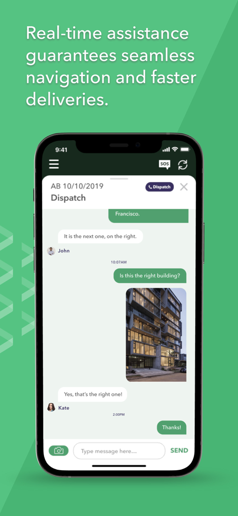Jitsu Drive - Smartphone-Bildschirm, der den Jitsu Drive App Dispatch-Chat für Echtzeit-Lieferunterstützung zeigt