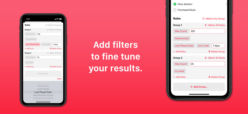 Miximum: Smart Playlist Maker - Miximum app interface showing rules and filters for creating smart music playlists on iPhone