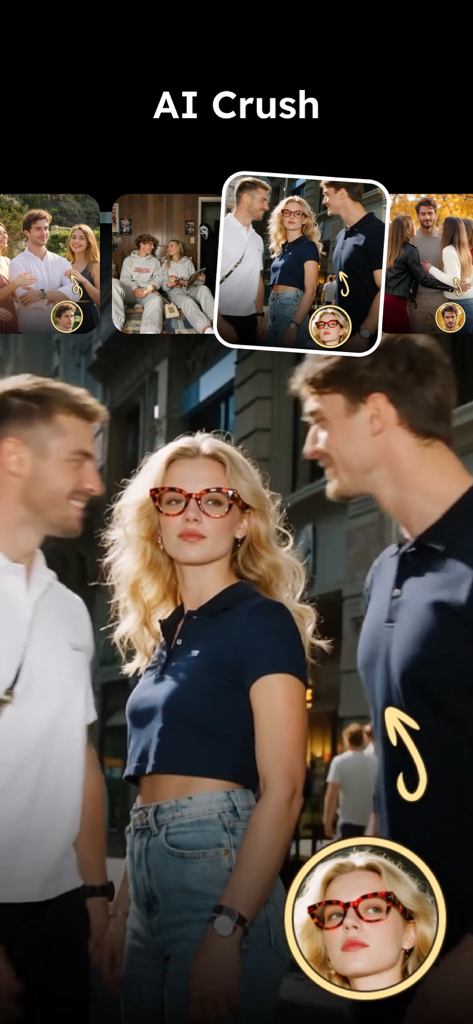 AI Crush feature interface showing a young woman in a cinematic social scene within the NanoBlink app